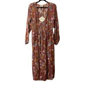 NWT Knox Rose mauve long sleeve floral maxi dress, pockets, tassels, size S
